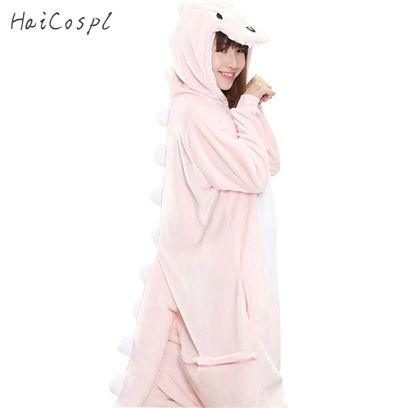 Dinosaur Kigurumi Pajamas Set Women Winter Homewear Girl Onesie Flannel Pink Animal Cosplay Costume Party Jumpsuit Adult Warm