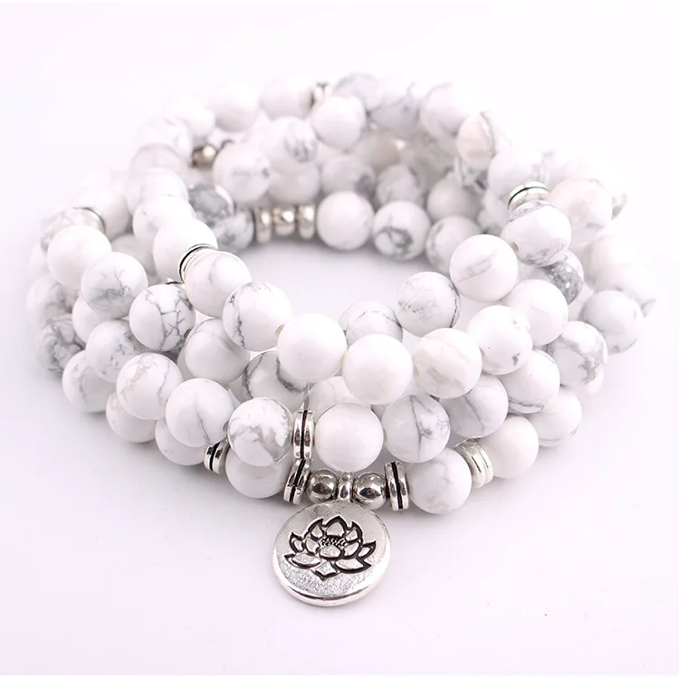 

YUZHEJIE Designed Women`s Bracelet Trendy 108 Mala Howlite Lotus Bracelet or Necklace High Quality Yogi Jewelry Gift for Girls