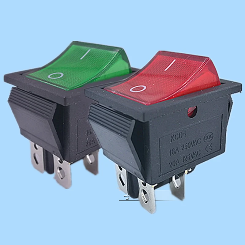 20PCS 16A 250V 20A 125VAC 4 Pin 2 Position ON-OFF DPST Rocker Switch Power Switches KCD4-201 Green Button with Light | Обустройство