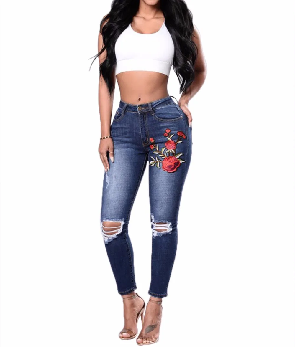 

Women's Rose Embroidered Ripped Denim Skinny Denim Jeans Back Pocket Embroidery