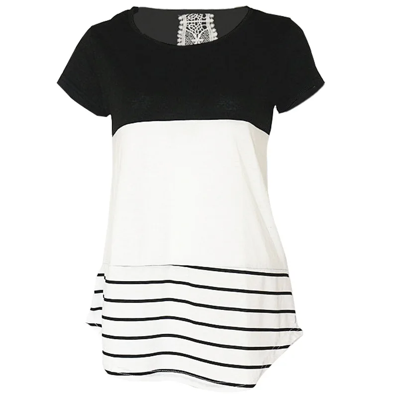 

Women Summer T-Shirt 2019 Short Sleeve Lace Patchwork T shirt Casual O-neck Striped Tops Loose Tshirt Tops Tees Femme Camisetas