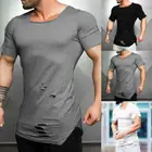 Футболка мужская с коротким рукавом, модная рубашка с дырками в стиле хип-хоп, рваная блузка, крутая однотонная с коротким рукавом, лето