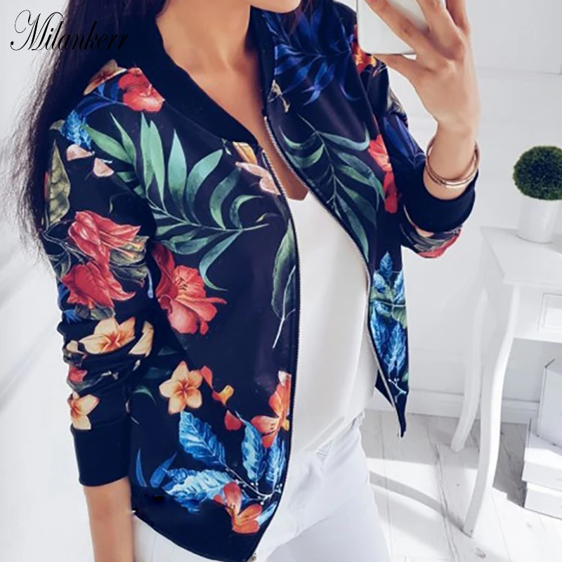 New Women Ribbed Trim Flower Print Bomber Jacket Female Autumn Fashion Long Sleeve Casual Tops Zipper Outwear Loose | Женская одежда