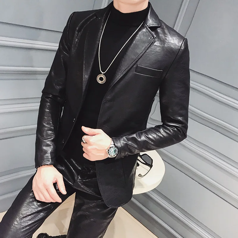 

YUSHU Autumn Faux Leather Blazer Masculino Korean Casual Men Blazer Slim Fit Mens Blazer Jacket Men Coat Jacket Terno Masculino