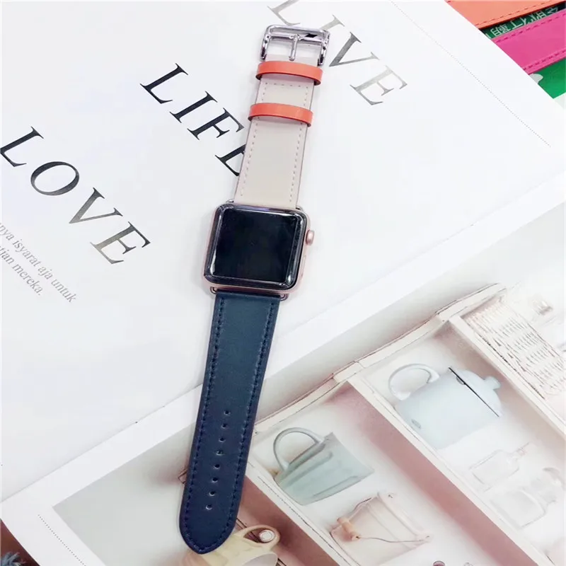Контрастный цвет спортивный кожаный ремешок 40 44 мм для Hermes Apple Watch 3 ремешок 38 мм 42 мм дышащий браслет ремешок для iWatch 4 3 2 1