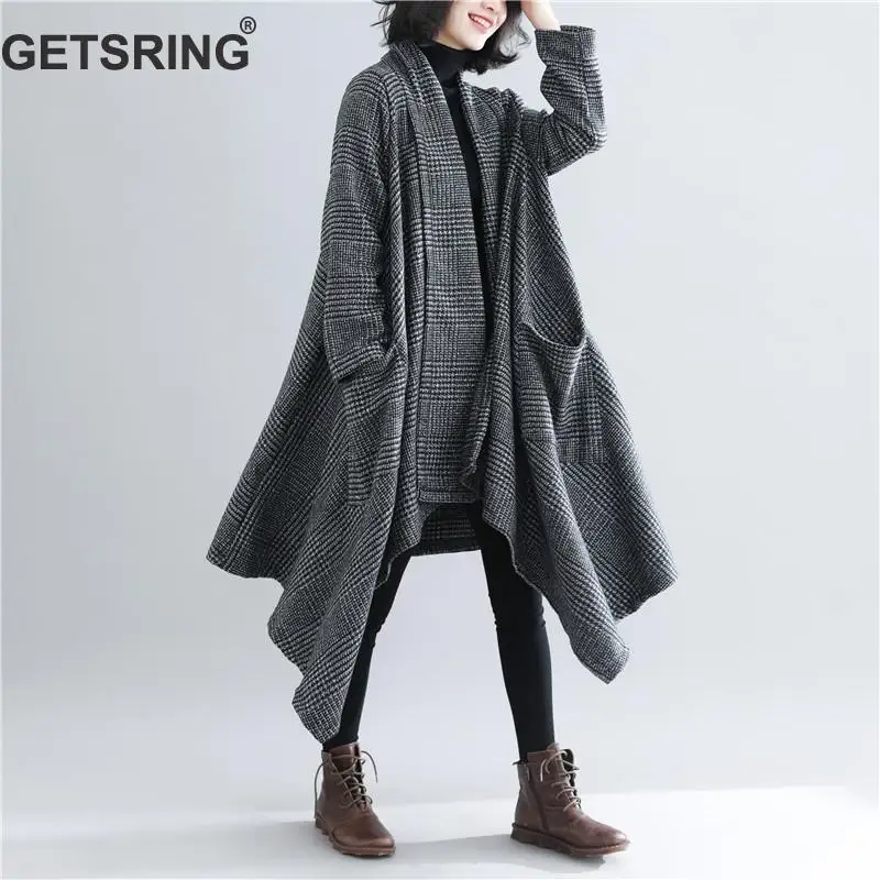 GETSRING, Женское пальто, необычное, в клетку, цвет, подходящие, длинные пальто, ассиметричный шарф, воротник, размера плюс, длинное женское пальто, новинка, повседневное