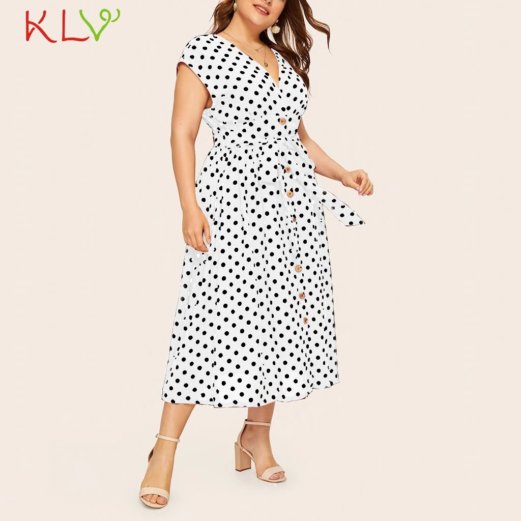 Женское платье в горошек с V образным вырезом и поясом|Женские платья| |