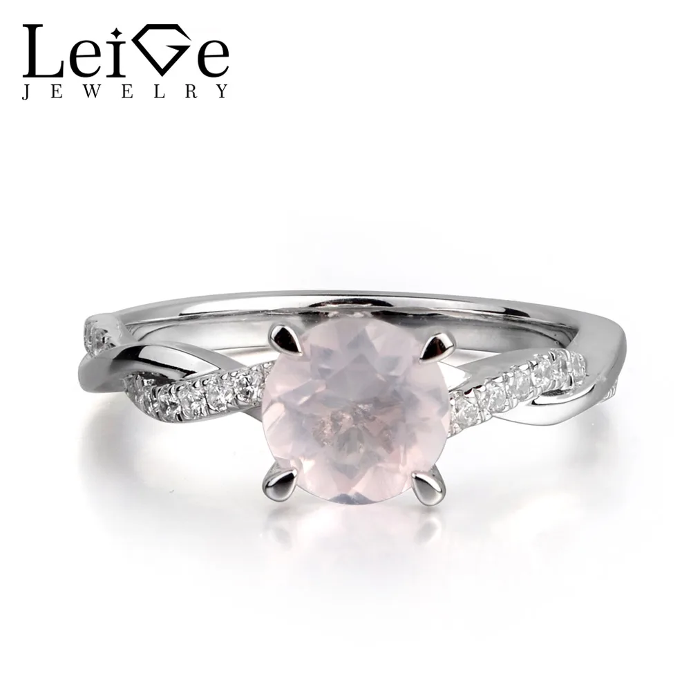 

Leige Jewelry Natural Pink Quartz Gemstone Round Shape Engagement Rings Wedding Bands 925 Sterling Silver