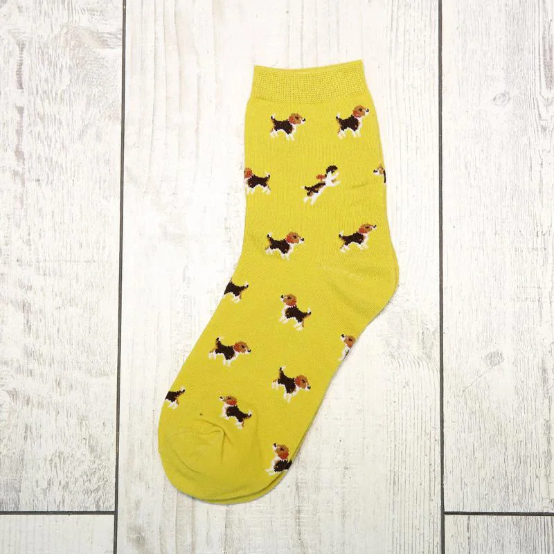 Yellow LNRRABC, новинка, модные, 5 цветов, 1 пара, удобные, для женщин, цветные, с собачкой, Китом, птицей, медведем, высокая эластичность, средняя секция, хлопковые носки - Цвет: Yellow