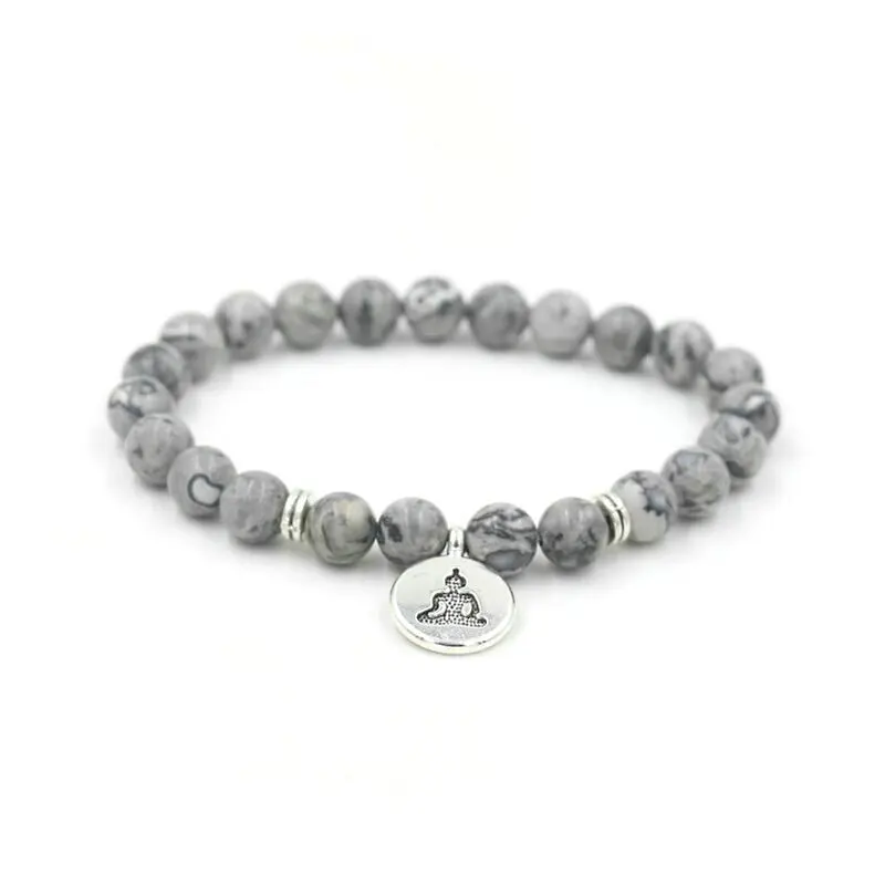 HMN silver Buddha Серый браслет Howlite с мраморным камнем Будды Ом лотоса для мужчин и женщин, очаровательные браслеты для йоги, чакры, медитации, мужские браслеты - Окраска металла: HMN silver Buddha