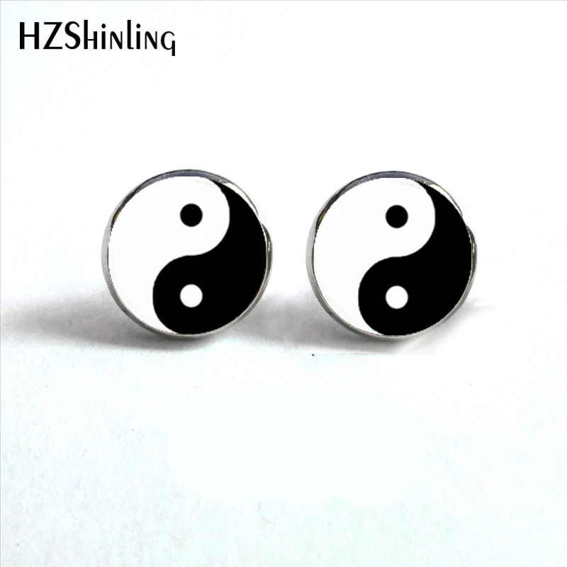 Серьги гвоздики NES 00100 Yin Ying Yang магический знак дзен стеклянные серьги с кабошоном