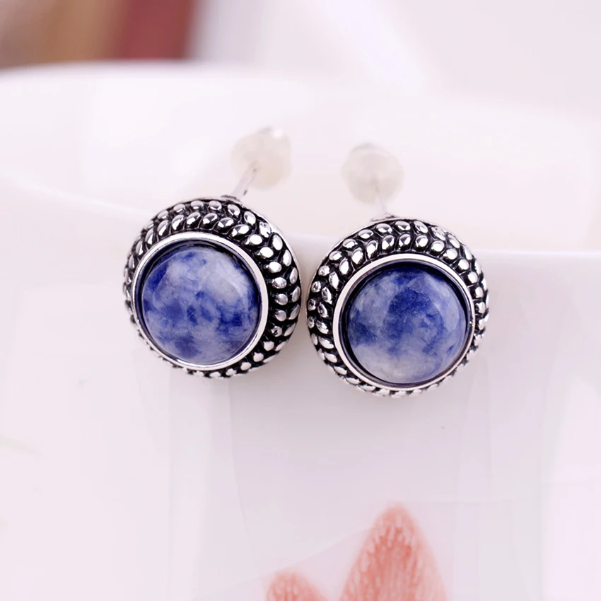 

Natural Sodalite Blue Stone Round Beads Earrings For Woman Antique Silver Plated Blue-vein Stone Earrings With Silver Ear Nail