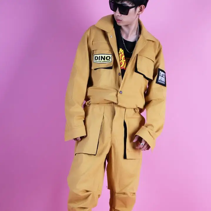 

2020 new men's khaki multi-pocket jumpsuit overalls jumpsuit hip hop national tide high street coveralls