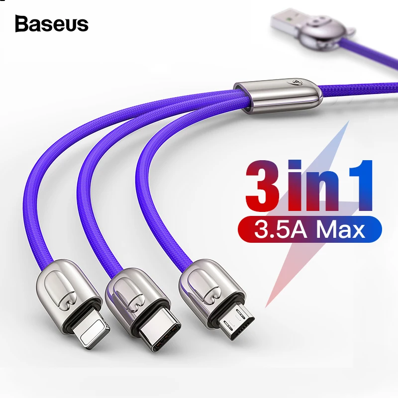 Baseus 3 в 1 USB кабель для iPhone Xs Max X Xr 8 Micro USB кабель для мобильного телефона Быстрая зарядка зарядное устройство usb type C type-c кабель
