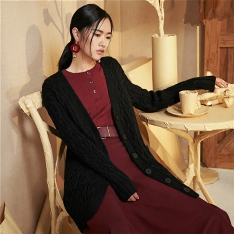 100%hand made pure wool Vneck knit women loose H-straight long cardigan sweater one&ampover size |