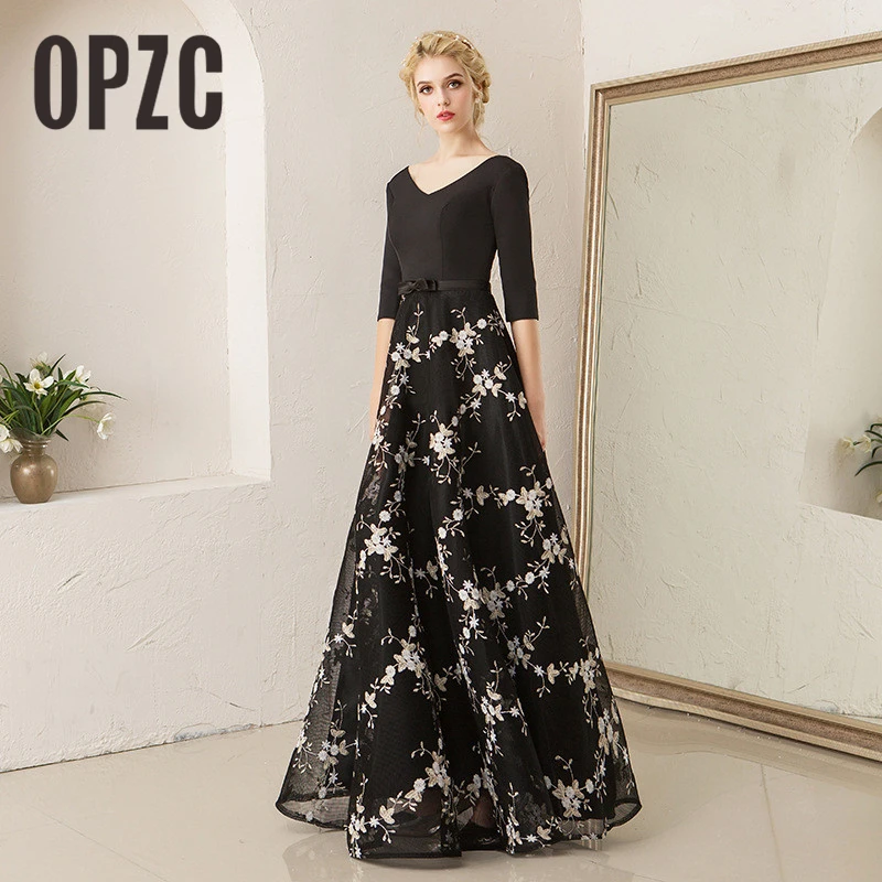 Халат De Soiree OPZC черные атласные сексуальные с v образным вырезом Длинные вечерние
