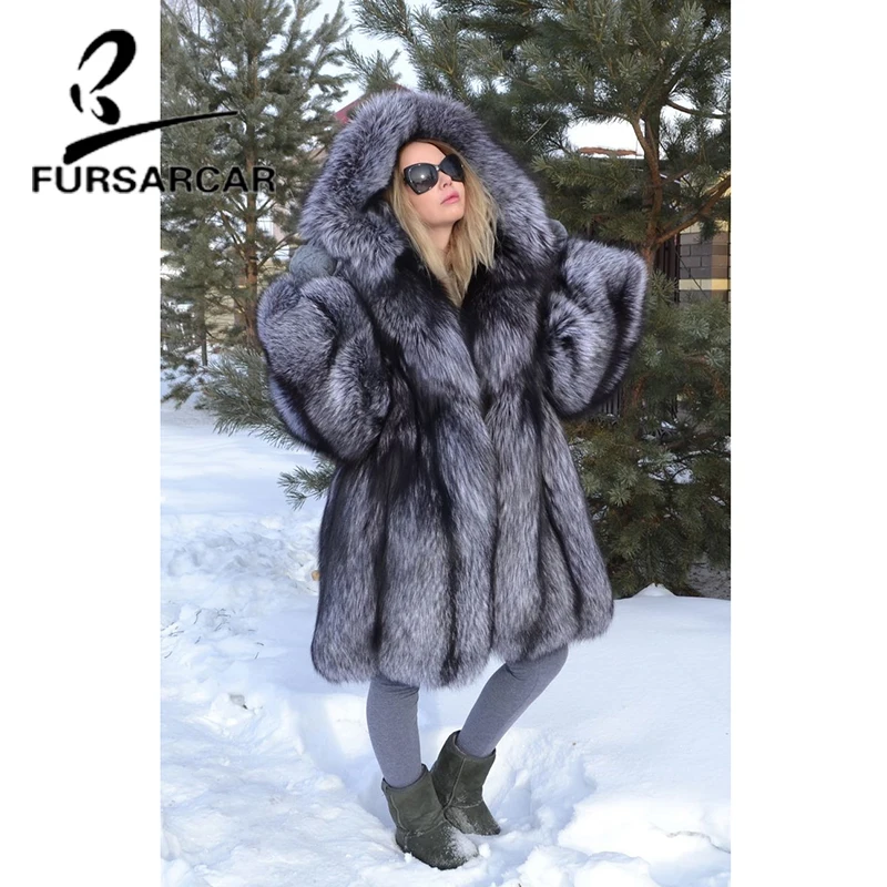 FURSARCAR New Winter Real Fox Fur Coat Women Fashion Winter Thick Long Coat With Fur Hood Luxury Natural Fox Fur Female Jacket