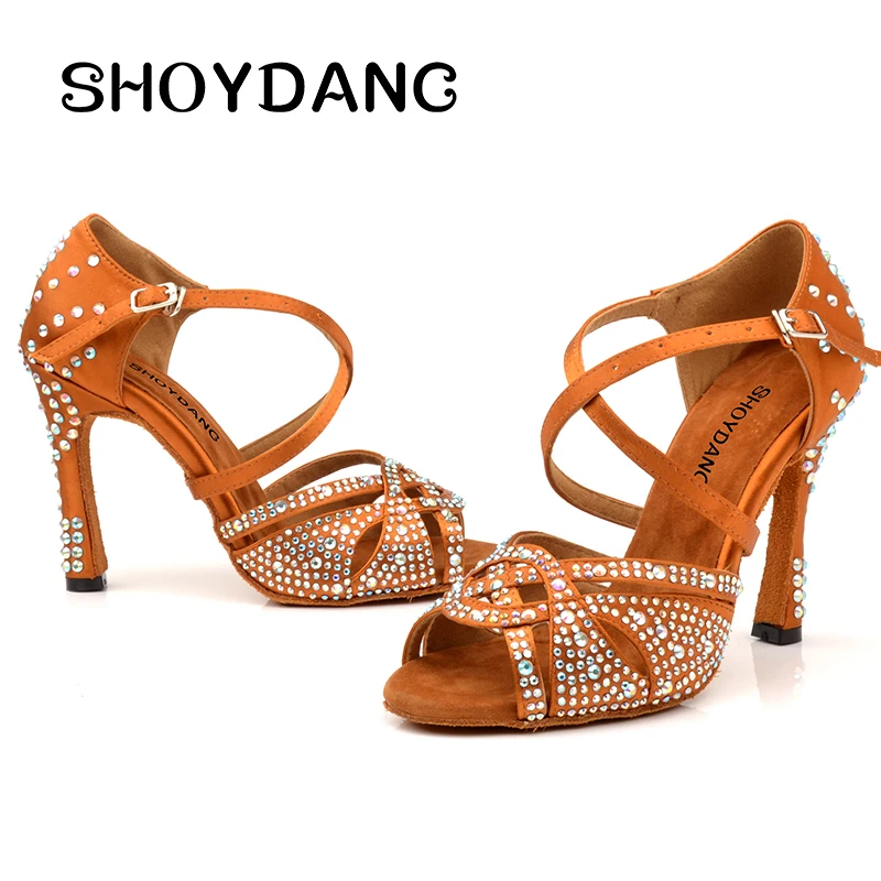 

Latin Dance Shoes Women NEW Bronze Slik Satin Shining Rhinestone Cuba high heel 10cm Salsa Ballroom dancing shoes