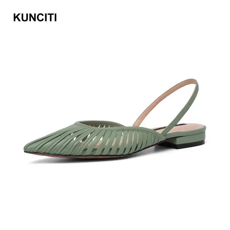 KUNCITI/; босоножки на низком каблуке из натуральной кожи; женская пикантная обувь заостренная на каблуке; женские повседневные босоножки в европейском стиле; X957 - Цвет: Light Green