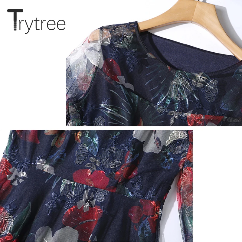 Trytree/летнее женское платье с элегантным круглым вырезом и принтом темно-синие