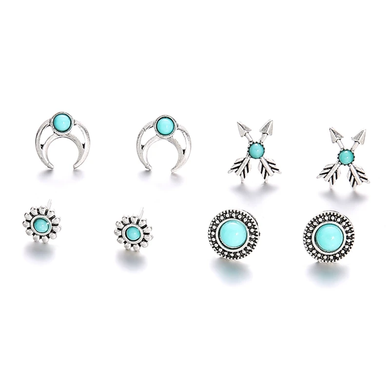 8Pcs/Set Of Bohemian Retro Totem Pine Earrings National Wind Round Bow And Arrow Flowers Half Moon Female Jewelry | Украшения и