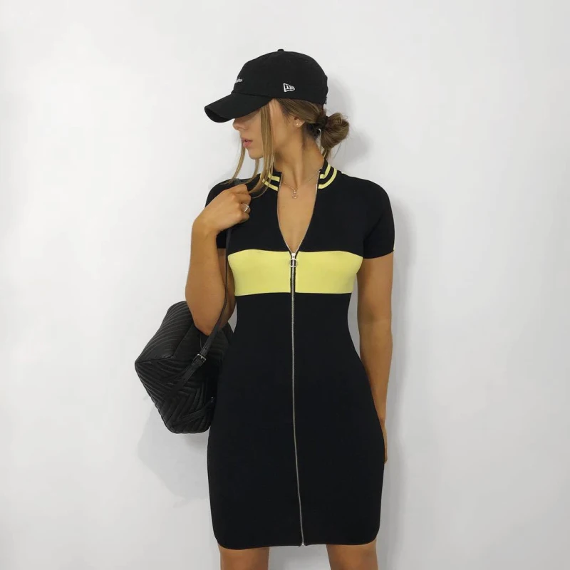 Casual Tight Dress Women Fashion 2019 Sexy Patch Work Slim Dresses Ladies Summer Turtleneck Mini Vestidos | Женская одежда