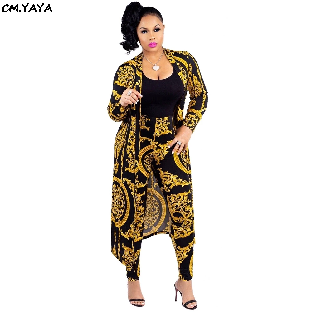 Women's tracksuit fashion sexy long sleeve X-long national print trench coat skinny leggings 2 piece sets suits outfits X9041