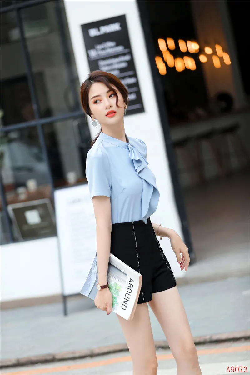 Летние женские небесно-голубые блузки и рубашки деловые костюмы комплект из двух