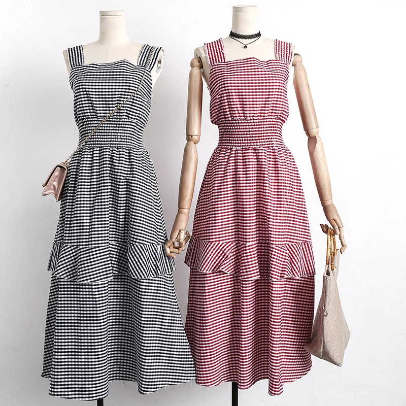 Женское клетчатое платье YoungGee летнее хлопковое ТРАПЕЦИЕВИДНОЕ без рукавов с