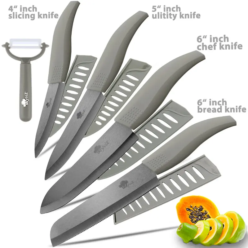 4566INCH GREY BREAD Керамический нож 3, 4, 5 дюймов+ 6 дюймов, кухонные ножи, набор для хлеба с зубцами+ Овощечистка, циркониевый черный нож, нож для шеф-повара, Vege, инструмент для приготовления пищи - Цвет: 4566INCH GREY BREAD