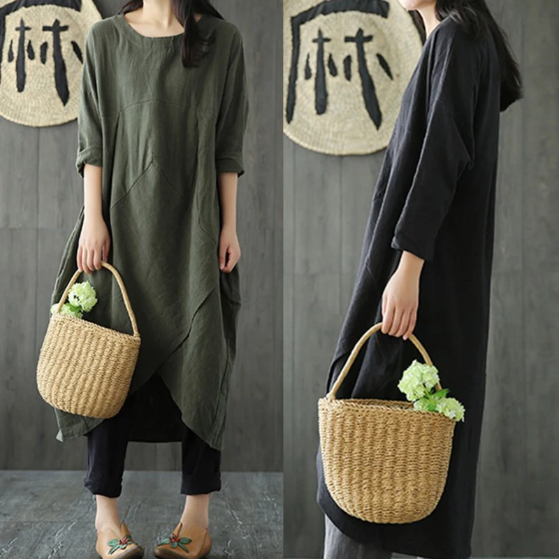 Women cotton and linen dress 2019 spring summer vintage solid loose raglan long sleeve dresses office lady casual oversize | Женская