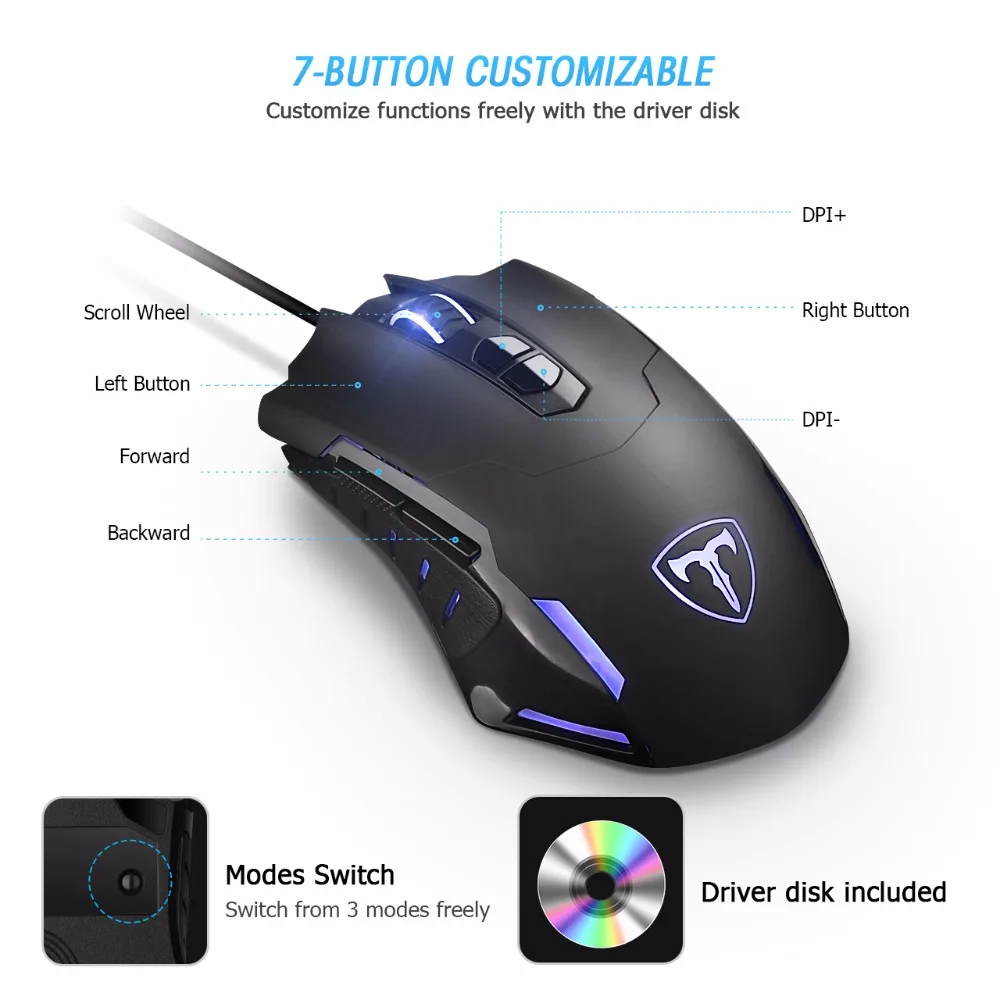 PICTEK 7200 dpi Проводная игровая мышь, геймерские мыши, Mause, 5 уровней, Регулируемая игровая эргономичная мышь для компьютера, ноутбука