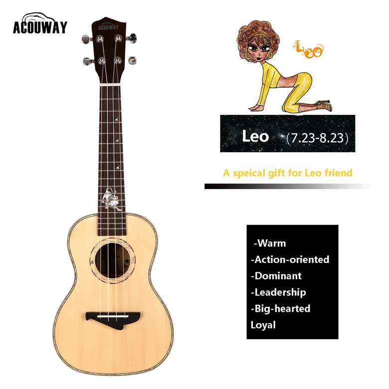 Leo Acouway твердая ель Топ укулеле ukelele концертный тенор 23 26 укулеле глянцевая отделка 12 подарок зодиака подарок модель с бесплатной сумкой - Цвет: Leo