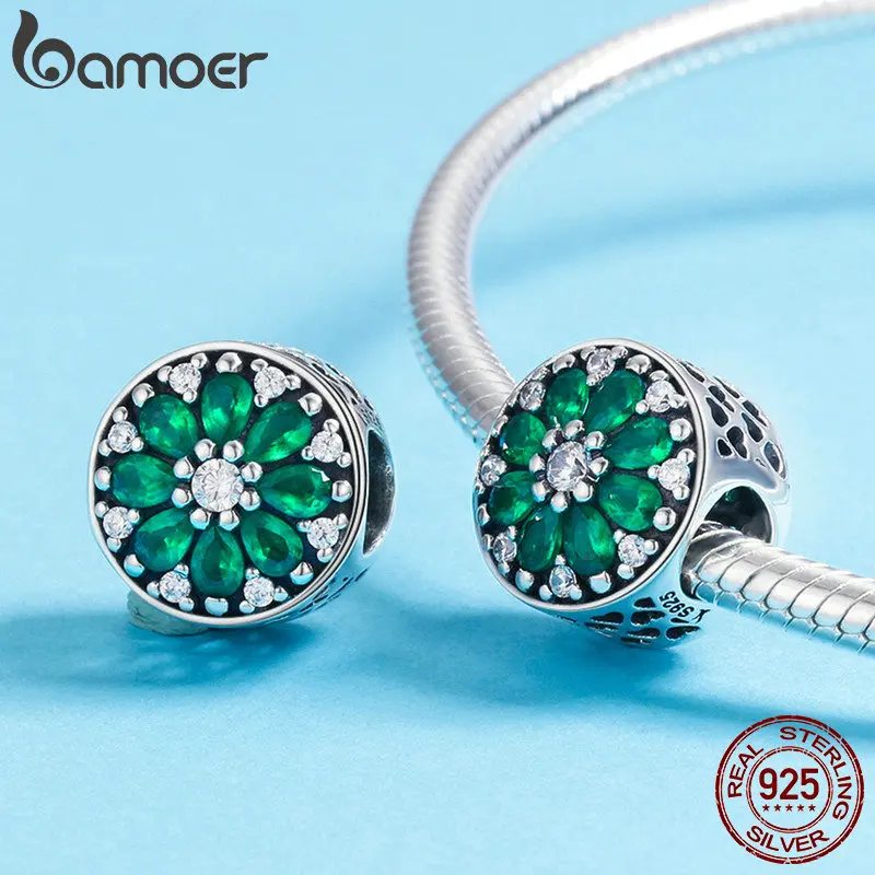 BAMOER 925 пробы Серебряная Летняя коллекция светящийся зеленый кристалл CZ Круглые бусины подходят для браслета и ожерелья ювелирные изделия SCC629