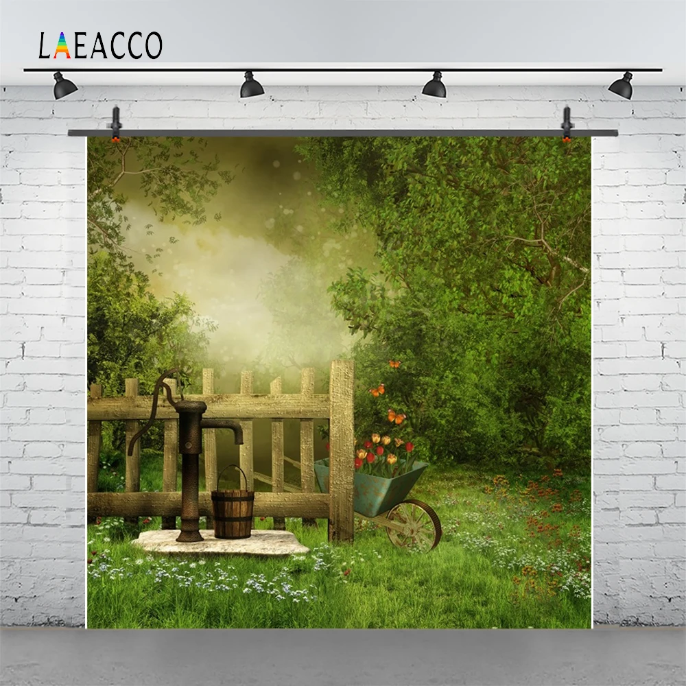 Laeacco Фотозадники для новорожденных на фоне деревенского забора из дерева и травы с колодезным насосом.
