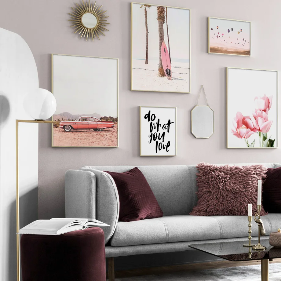 Розовый автомобиль доски для серфинга воздушный шар тюльпан настенная живопись