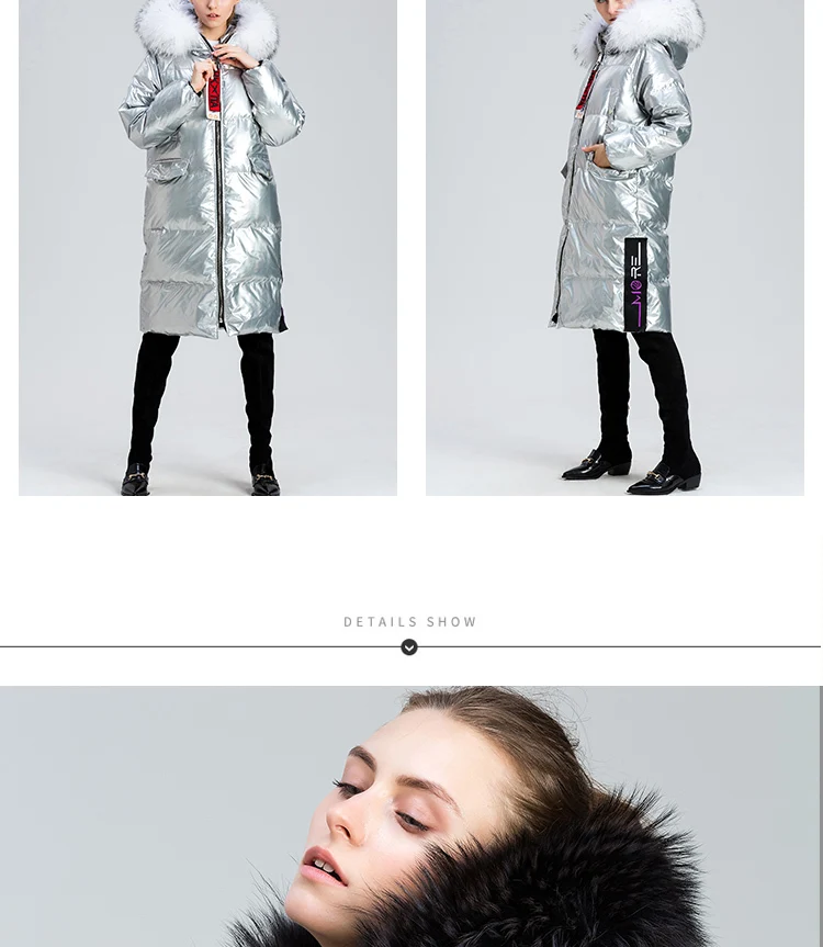 Natural Raccoon Fur Parka Winter White Duck Down Jacket Women Large Fur Collar Long Outwear New Women's Silver Down Coats