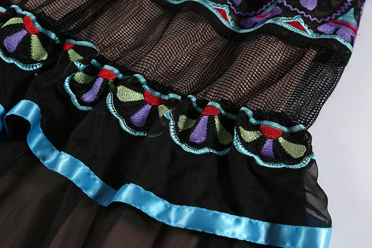 Высокое качество Vestidos длиной до щиколотки Лето женское открытое роскошное модное платье с расклешенными рукавами Черное вышитое этническое длинное платье