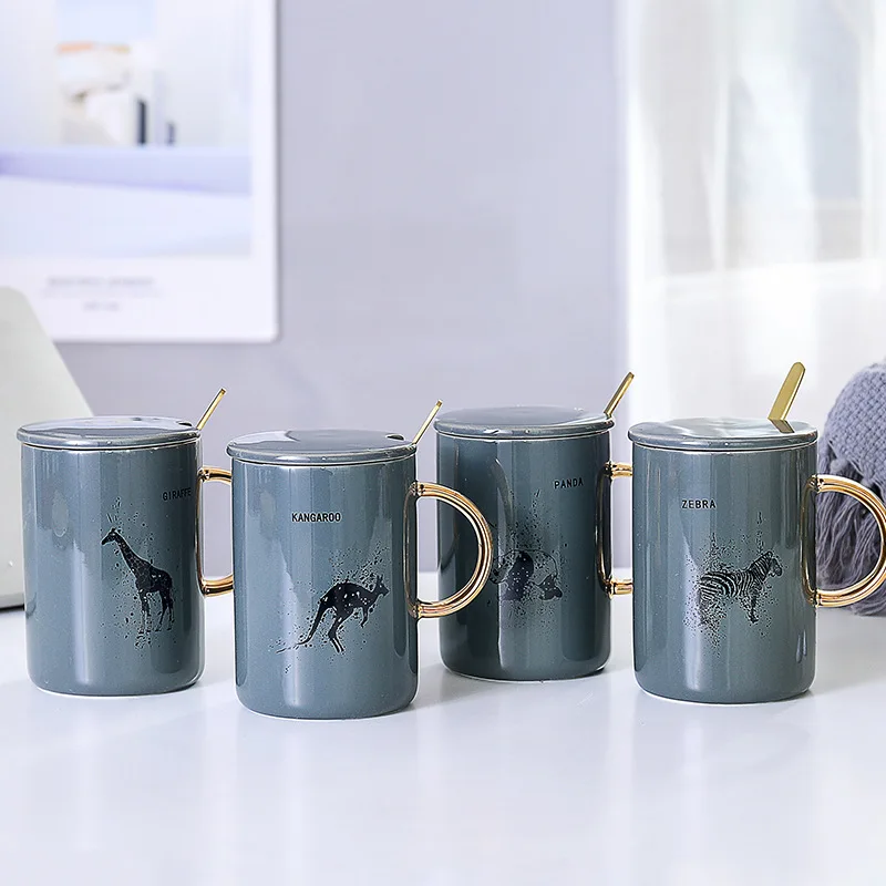 420ML Ceramic Cup With Lid and Spoon Milk Juice Tumblers Coffee Tea | Дом и сад