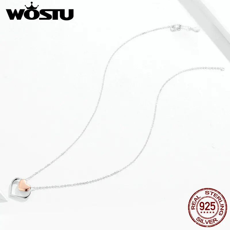 WOSTU, розовое золото, сердце к сердцу, ожерелья, 925 пробы, серебро, подвеска для влюбленных, звено цепи для женщин, Свадебные новые ювелирные изделия FNN082