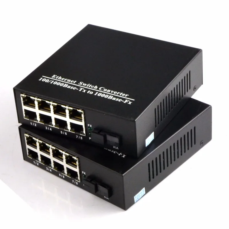 2 шт./пара 10/100/1000 Мбит/с волоконно-оптический Ethernet медиа-конвертер гигабитный одиночный режим одиночное волокно с 8RJ45 UTP и 1 SC порт