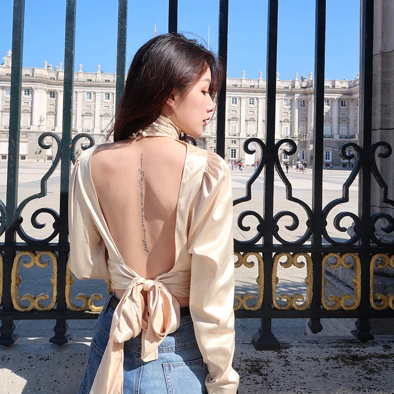 WHITNEY WANG 2019 Spring Autumn Fashion Streetwear Sexy Backless Bow Sashes Satin Blouse Women blusas Office Lady Shirt Tops |