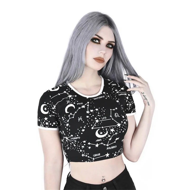 Для женщин футболки уличный стиль Тонкий Летняя черная футболка 2019 new star луна
