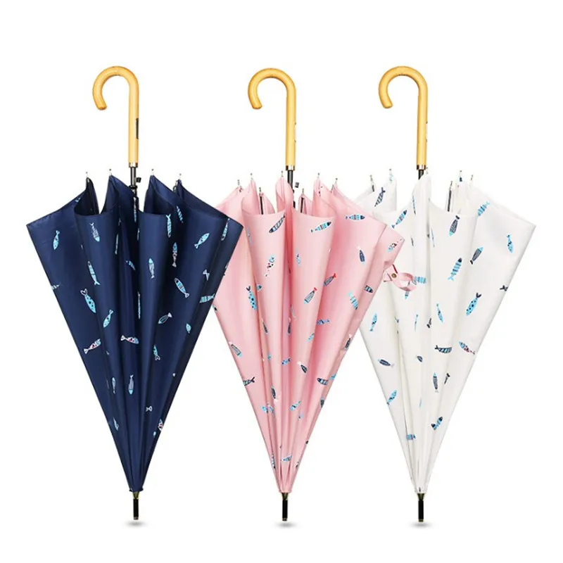 Simple Fashion Women Semi-automatic wooden handle long Rain Umbrella UV Anti Windproof Umbrellas |