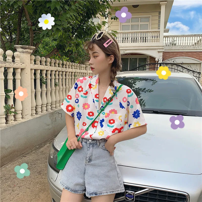 Ins Многоцветный цветочный принт Корейская Свободная Женская одежда с прорезями и