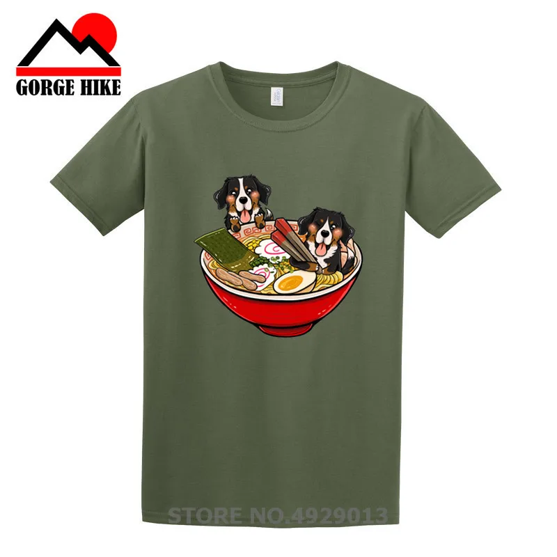 Funny Cute Men T-shirts Bernese Mountain Dog Japanese Ramen Tops Print Tees Summer Holiday Clothes Cotton Tropical Style TShirt | Мужская