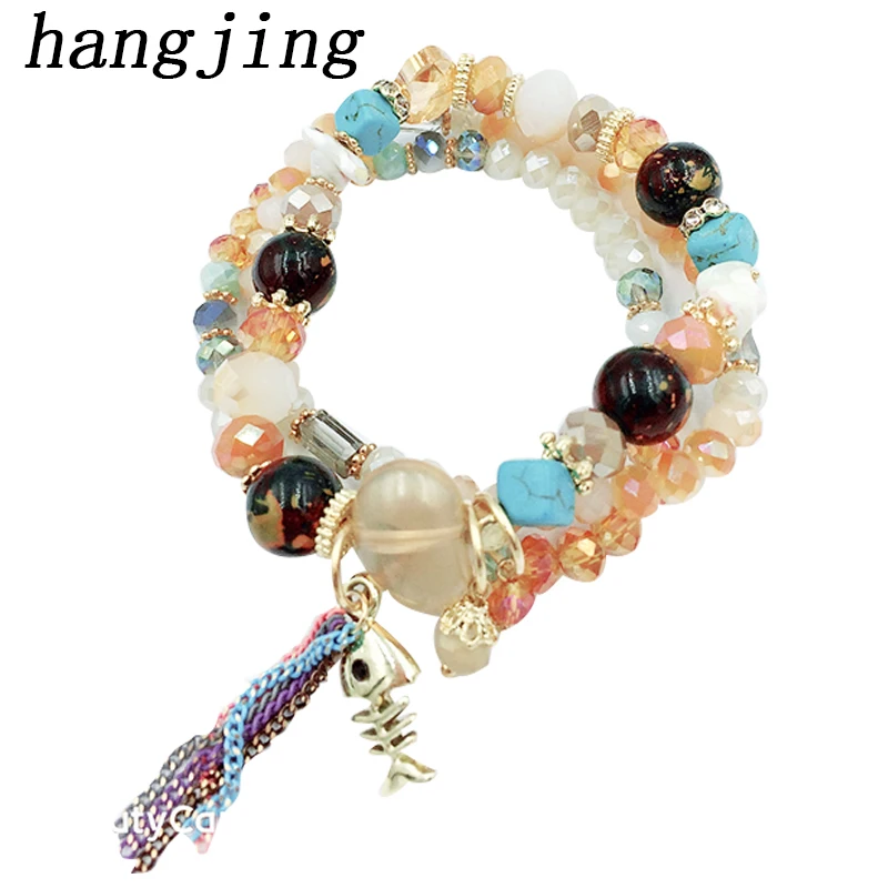 hangjing 3pcs /set bohemian 2019 new trendy charm tassel unique adjustable crystal nature stone bead bracelets women | Украшения и