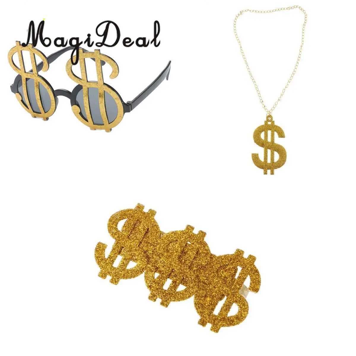 MagiDeal комплект из 3 шт. блестящих долларов США знаки очки кольцо ожерелье 70 х 80