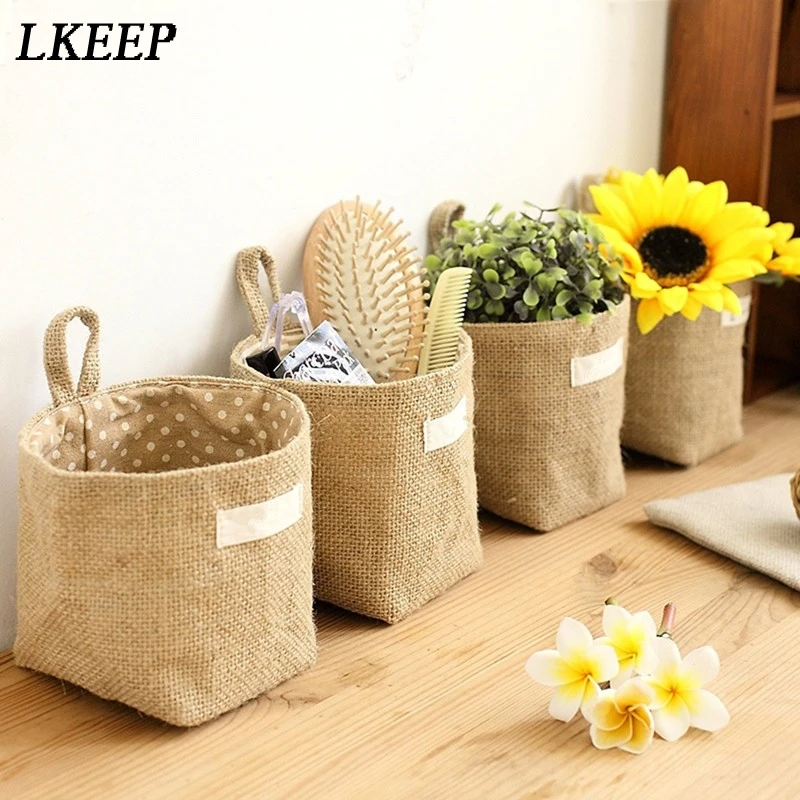 

Large Capacity Women Cosmetic Box Jute Cotton Linen Sundries Basket Cosmetic Bag Wall Hanging Bags For Women