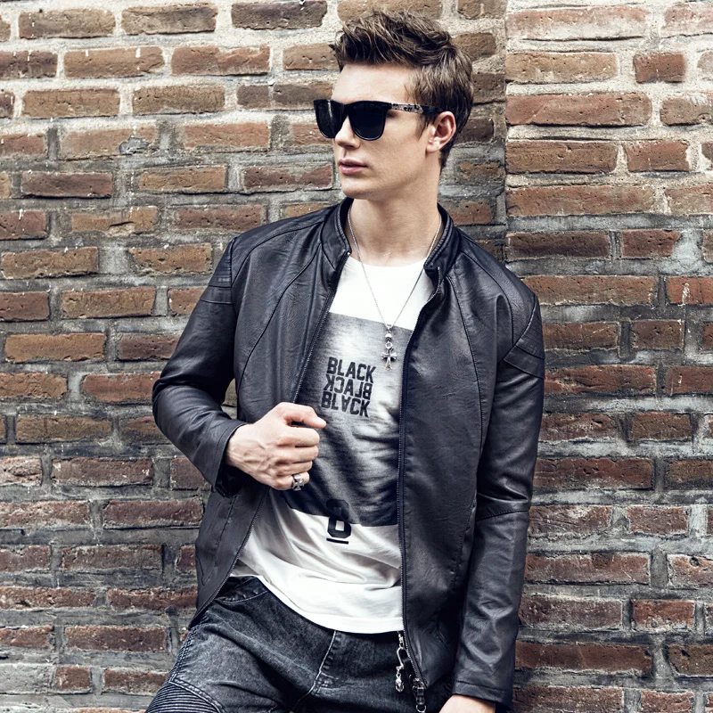 кожаная куртка Slim Fit Искусственного мужская PU мото Черный Основные Vintage пиджак